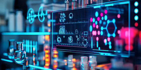 Advanced digital data analysis in laboratory, Futuristic lab with data visualization and laboratory equipment, Scientific data processing with digital interface in lab
