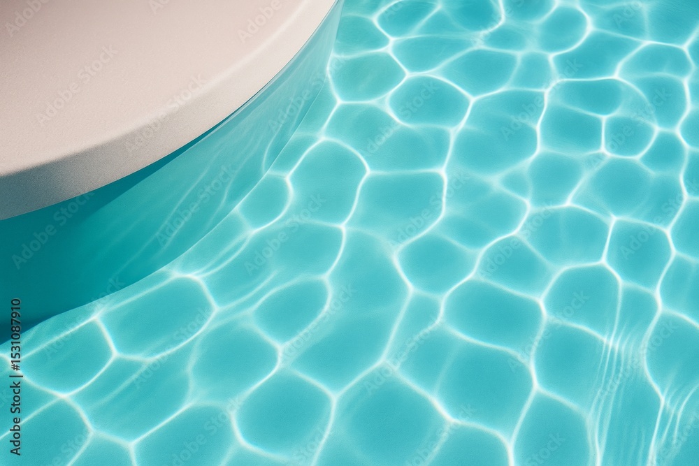 Poster Abstract light patterns on turquoise water surface next to curved white structure in minimalistic summer background. Ai generative.