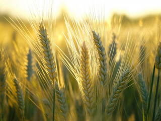 Close-up of green wheat ears in a sunny field, showcasing fresh growth, nature, and rural landscape beauty.