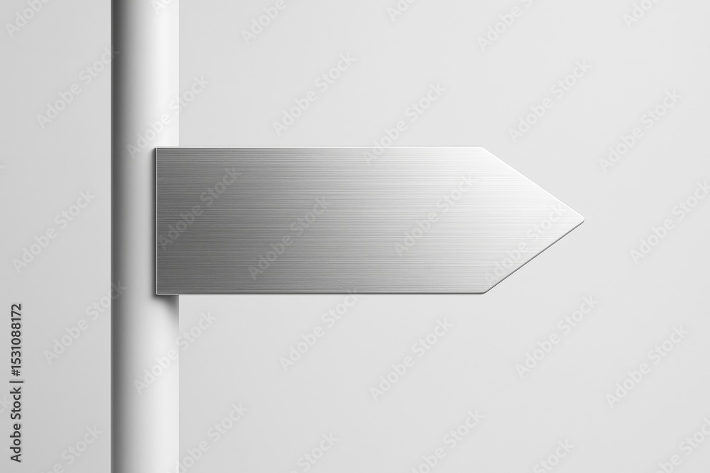 Poster metallic brushed aluminum arrow sign mounted on pole on plain light background for mockup, copy spac