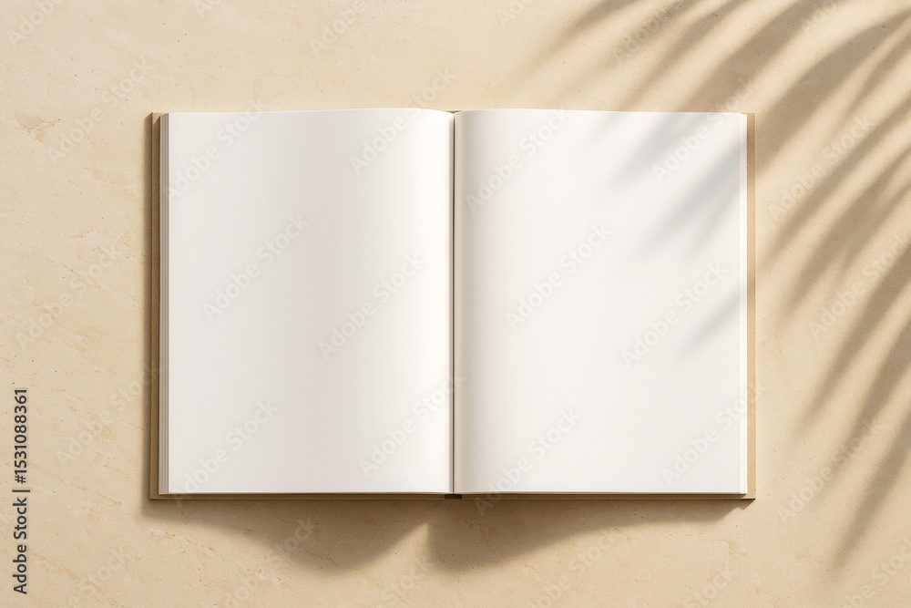 Poster open blank book on beige surface with sunlight and leaf shadows, minimal mockup for clean branding, 