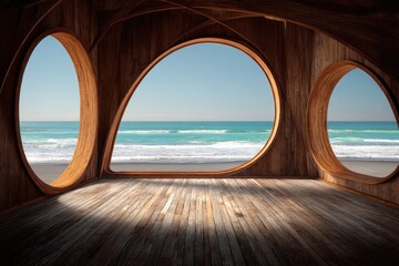 Fototapeta premium Wooden interior with ocean views. Large arched windows