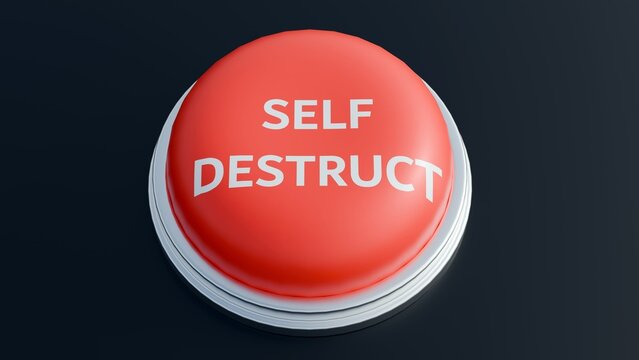 A 3d rendering of round, red button with the words "SELF DESTRUCT" written in white capital letters across the face of the button. 