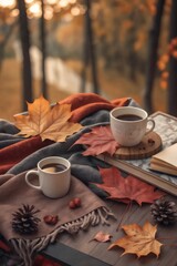 Photorealistic autumn mood board with textured leaves, warm coffee cups and soft fabric folds in rich warm colors
