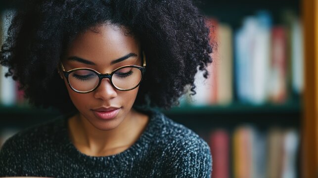 A Young Woman Studying in a Library - Powered by Adobe