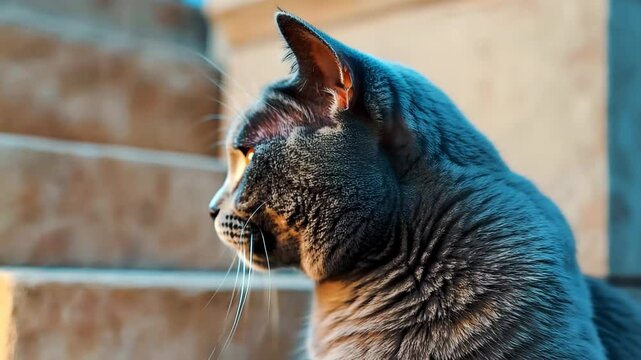 Grey Cat with Amber Eyes on Stone Steps