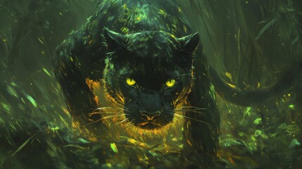 Striking Portrait of a Black Panther in a Lush Jungle with Intense Gaze