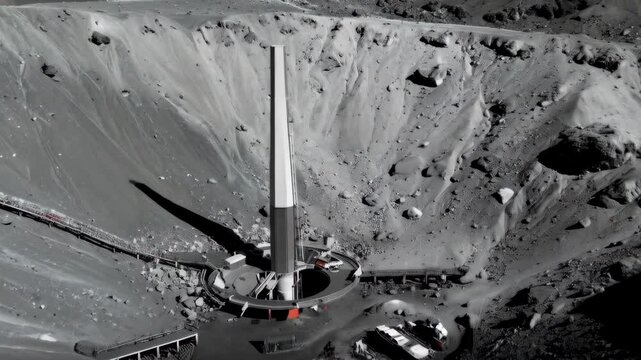 Lunar outpost with a tower structure at the bottom of a crater on the moon, surrounded by rocks, dust and walkways on a gray landscape.