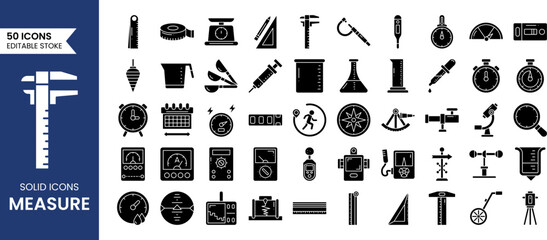 Measure icon set in solid style. Containing measurement, scale, size, ruler, gauge, dimension, temperature and more. Vector illustration