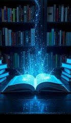 An open book emitting a magical blue light in a library setting