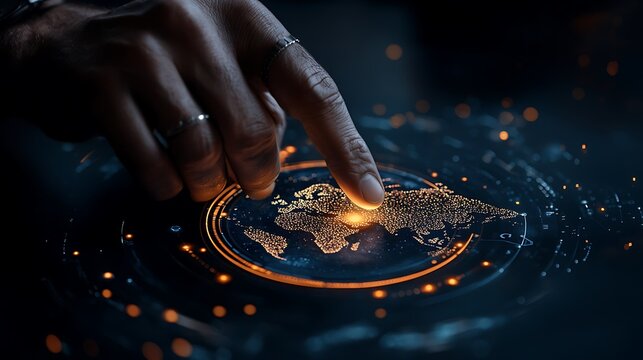 Hand Interacting with Glowing Digital World Map