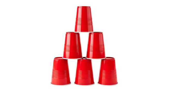 Red solo cups pyramid stack party game beer pong drinking challenge tournament celebration isolated on black 100 on transparent background