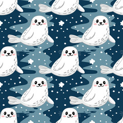 A seamless pattern of cute seals and snowflakes.