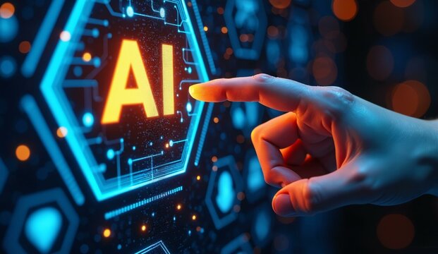 Hand pointing at 'AI' text on a futuristic digital interface - Powered by Adobe