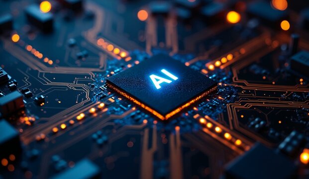 AI Chip on Circuit Board with Illuminated Connections
