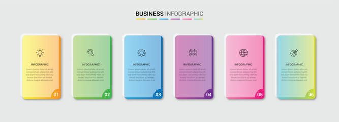 Business infographic template with 6 options, steps, process chart. Can be used for workflow layout, diagram, annual report, web design