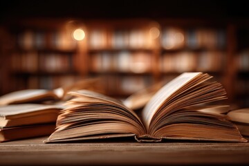 Obraz premium Open book on wooden table, library background