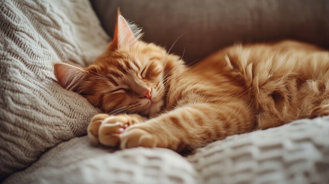 Orange cat peacefully sleeping on cozy couch during warm afternoon in a comfortable home setting
