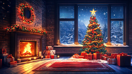 Cozy room interior with Christmas tree and candles and fireplace, Christmas decoration