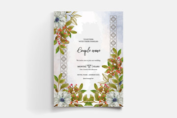 WEDDING INVITATION FRAME WITH FLOWER DECORATIONS AND FRESH LEAVES