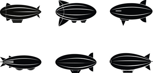 Set of black and white travel icons featuring zeppelin, blimp, and airship illustrations flying in the sky