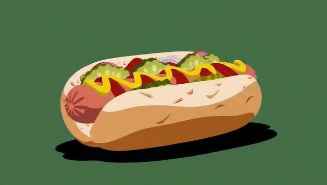 A cartoon hotdog with mustard pickles and ketchup on a green background