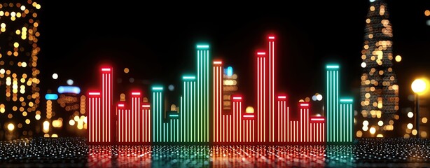 3D rendering of red and green stock market bars rising between digital towers in a night city environment