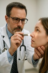 Doctor conducts preventive care with penlight during medical check-up for a patient in clinic