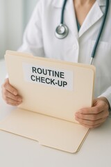 Medical professional reviewing routine check-up folder during a health assessment