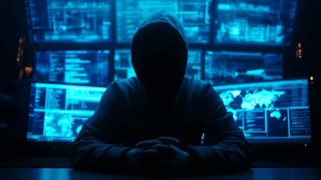 Mystery Hacker in Dark Room with Code
