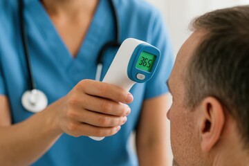 Regular medical check-up with digital thermometer for preventive care in a clinical setting