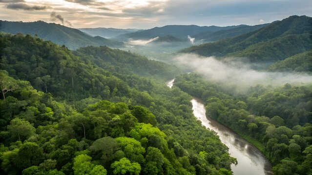 Aerial perspective reveals a lush green rainforest with a winding river, atmospheric clouds, and serene mountainous landscape.