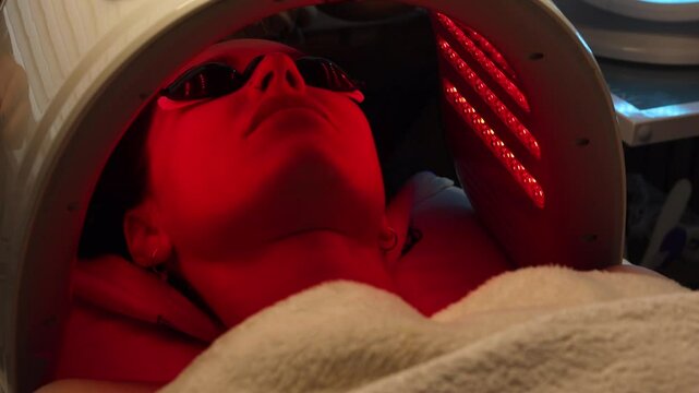 Facial LED Light Therapy Treatment in a Beauty Clinic with Red Light and Eye Protection	