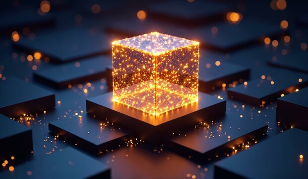 Illuminated Cube with Sparkling Particles on a Futuristic Grid