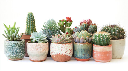 Cacti in ceramic pots isolated on a white background