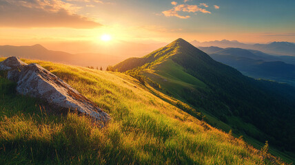 mountain overlooking beautiful valley at sunset golden