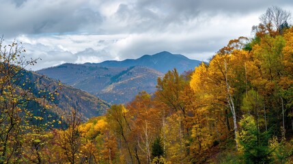 Fototapeta premium Autumn Mountain Distant View: Unveiling the Serene Tapestry of Seasonal Landscapes, Cultural Symbolism, and Natural Aesthetics in Scenic Overlooks and Panoramic Vistas