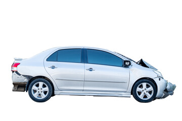 Obraz premium Car crash, Front and Side view of gray sedan car get damaged by accident on the road. damaged cars after collision. isolated on transparent background,car crash bumper for graphic design, PNG