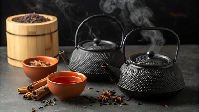 Aromatic tea ceremony scene featuring black teapots bowls of herbs and spices and cinnamon sticks ready to enjoy
