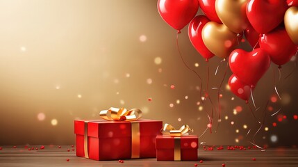 Romantic Valentine's Day gifts decorated with heart-shaped balloons on a wooden surface.