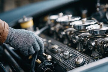 Fototapeta premium Close-up of gloved hand working on vintage car engine