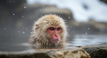 Fototapeta premium Monkey bathing in hot spring