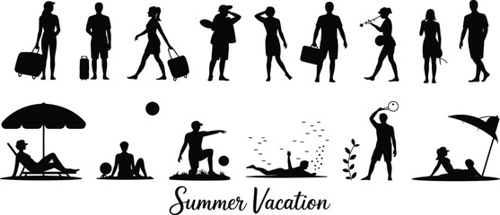 Summer Vacation Beach Activities People Silhouettes Vector Illustration Set, Travel, Relaxation, Swimming, Sunbathing, and Outdoor Fun Concepts for Holiday Designs