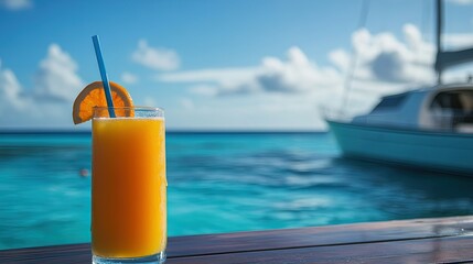 an orange drink sitting on top of a table next to a boat in the ocean