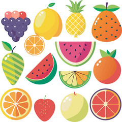 A vibrant collection of stylized fruit illustrations, featuring a variety of whole and sliced fruits such as apples, oranges, strawberries, watermelons, and more, presented in a flat design aesthetic.