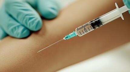 Close-up of syringe injecting vaccine into patient’s arm