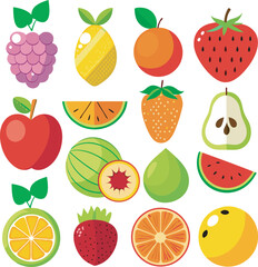 A vibrant collection of stylized fruit illustrations, featuring a variety of whole and sliced fruits such as apples, oranges, strawberries, watermelons, and more, presented in a flat design aesthetic.