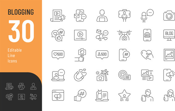 Blogging Line Editable Icons set. Vector illustration in modern thin line style of online content related icons: video, photo, influencer, and more. Isolated on transparent background.