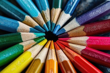Colored pencils arranged in a circle, close-up