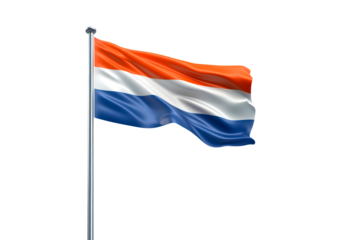 Waving netherlands flag on pole on transparent background, PNG